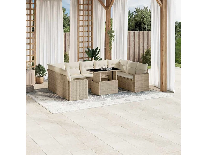 10-delige Loungeset met kussens poly rattan beige