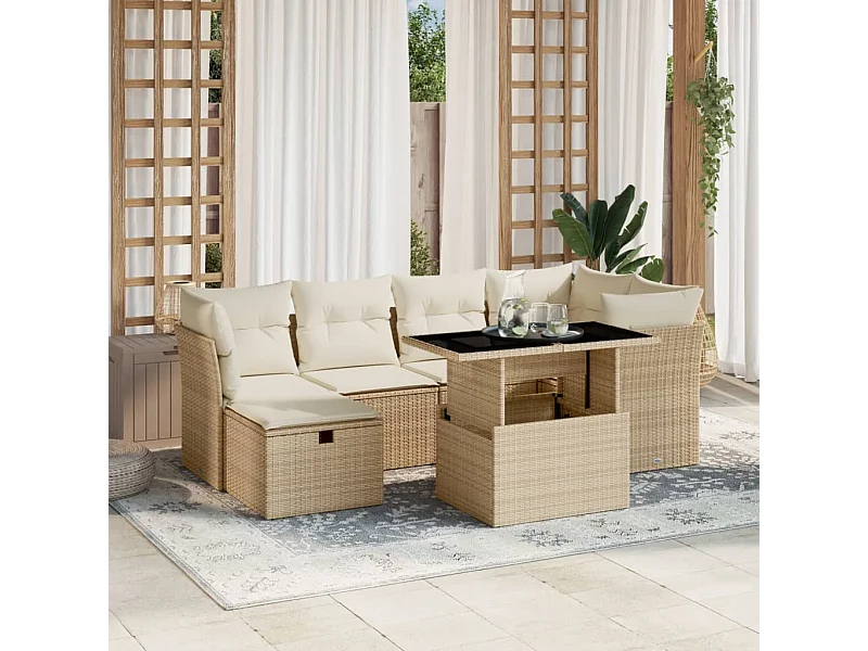 7 peças conjunto de sofás para jardim com almofadões vime PE bege