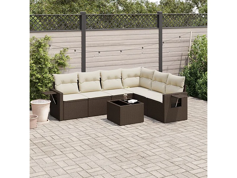 7-delige Loungeset met kussens poly rattan bruin