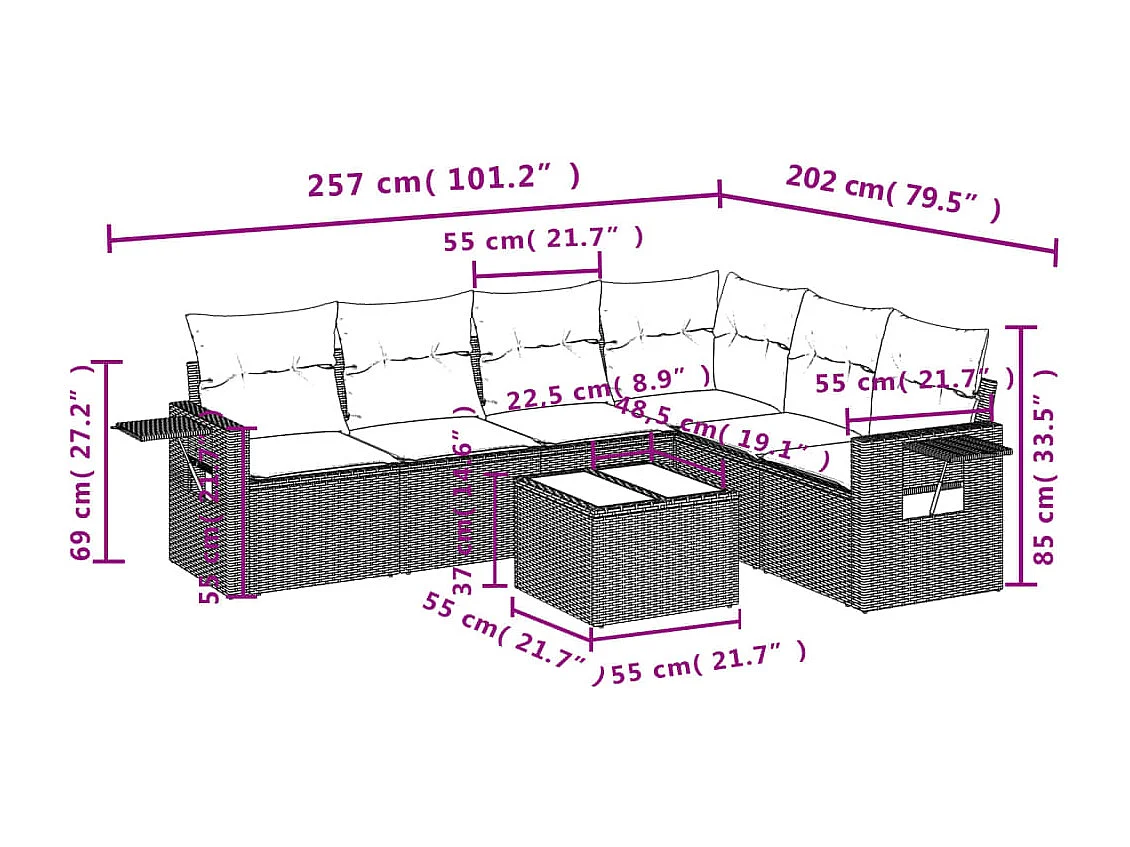 7-delige Loungeset met kussens poly rattan bruin