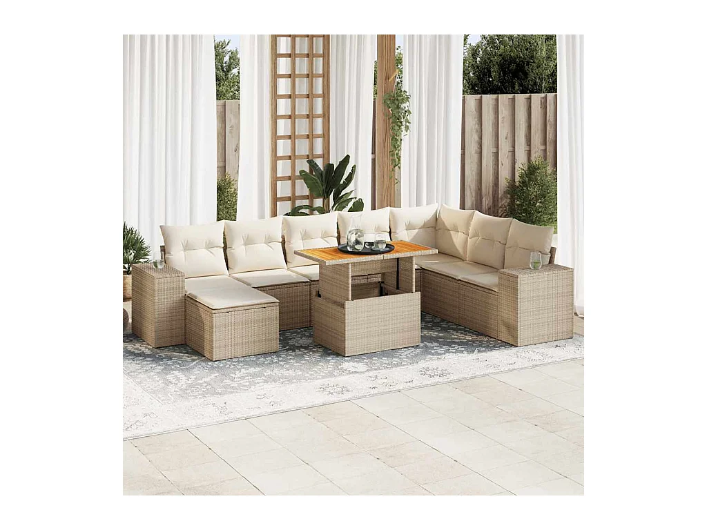 Salon de jardin avec coussins 9 pièces beige résine tressée acacia