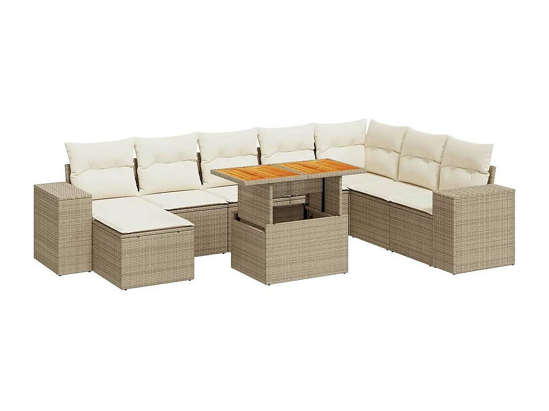 9-delige Loungeset met kussens poly rattan acacia beige