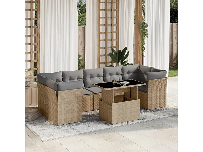 8-delige Loungeset met kussens poly rattan beige