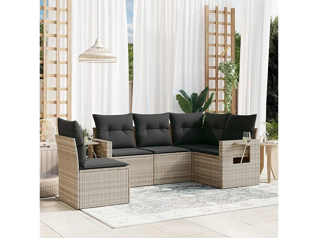 5-delige Loungeset met kussens poly rattan lichtgrijs