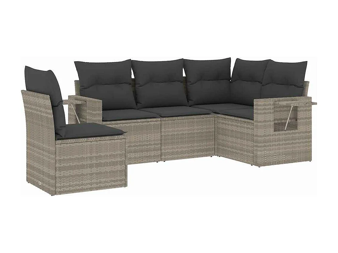 5-delige Loungeset met kussens poly rattan lichtgrijs