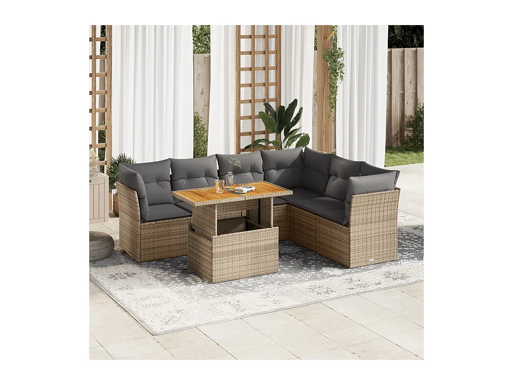 7 peças conjunto de sofás para jardim com almofadões vime PE bege