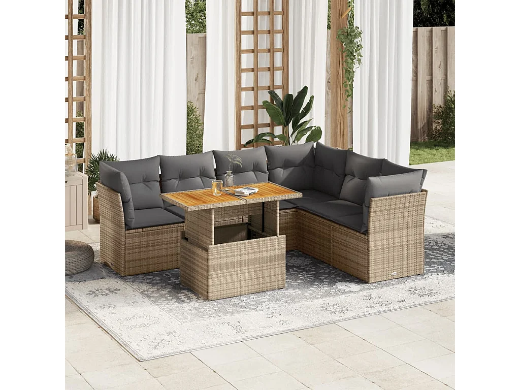 Set sofás de jardín 7 piezas y cojines ratán sintético beige