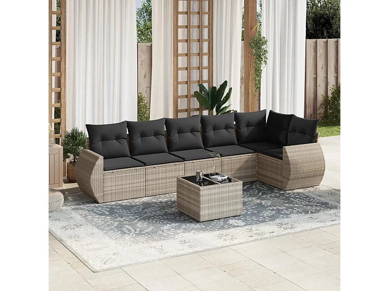 7-delige Loungeset met kussens poly rattan lichtgrijs