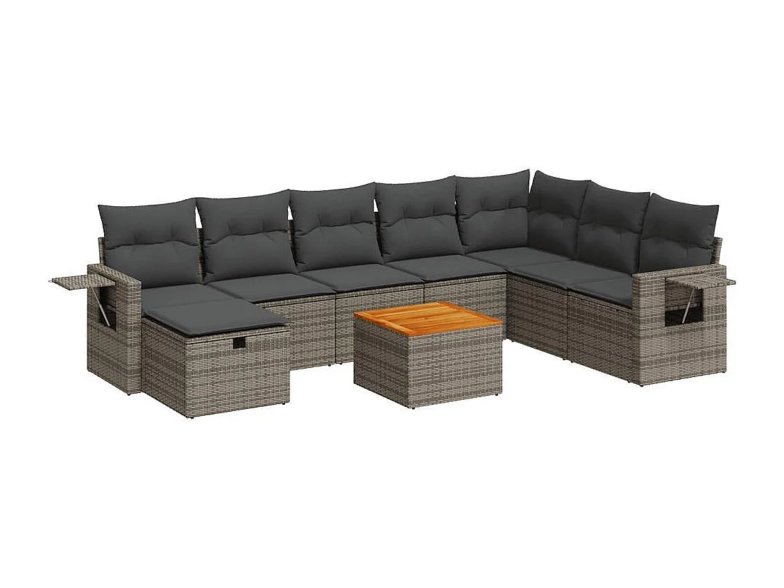 Set de sofás de jardín con cojines 9 piezas ratán sintético gris