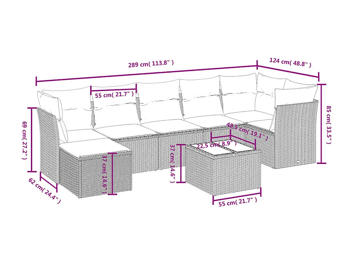 8-delige Loungeset met kussens poly rattan bruin