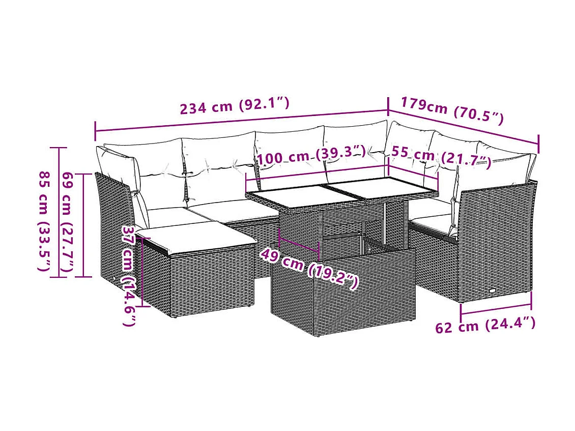 8-delige Loungeset met kussens poly rattan bruin