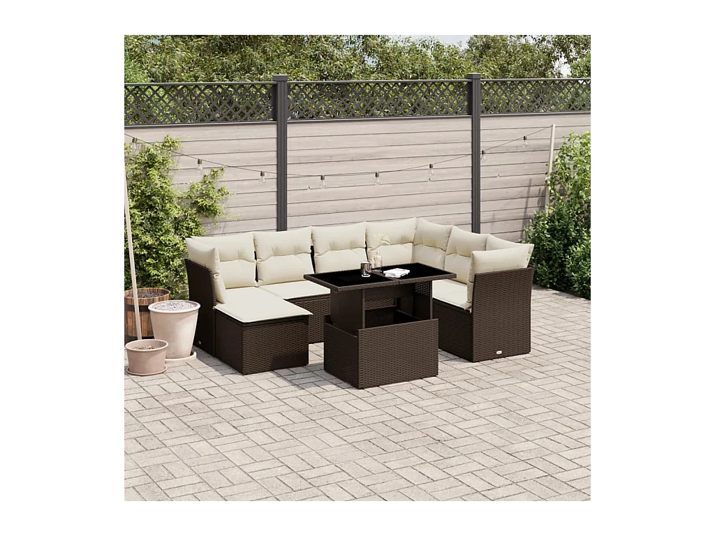 Salon de jardin 8 pièces avec coussins marron résine tressée