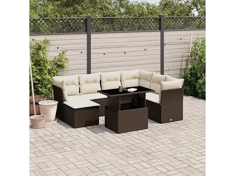 Salon de jardin 8 pièces avec coussins marron résine tressée