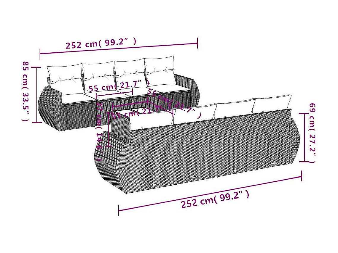 9 peças conj. sofás jardim com almofadões vime PE cinzento-claro