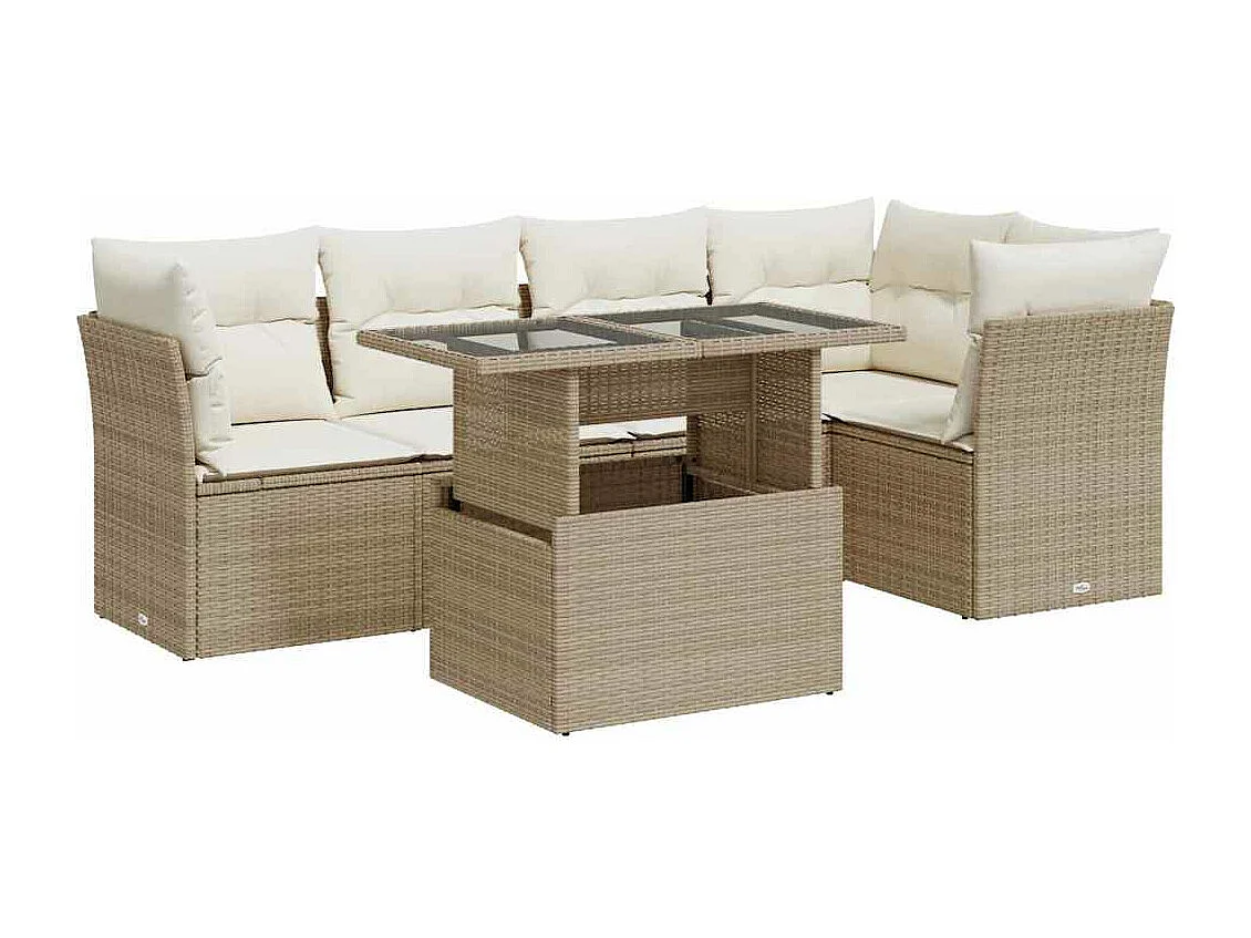 6-delige Loungeset met kussens poly rattan beige