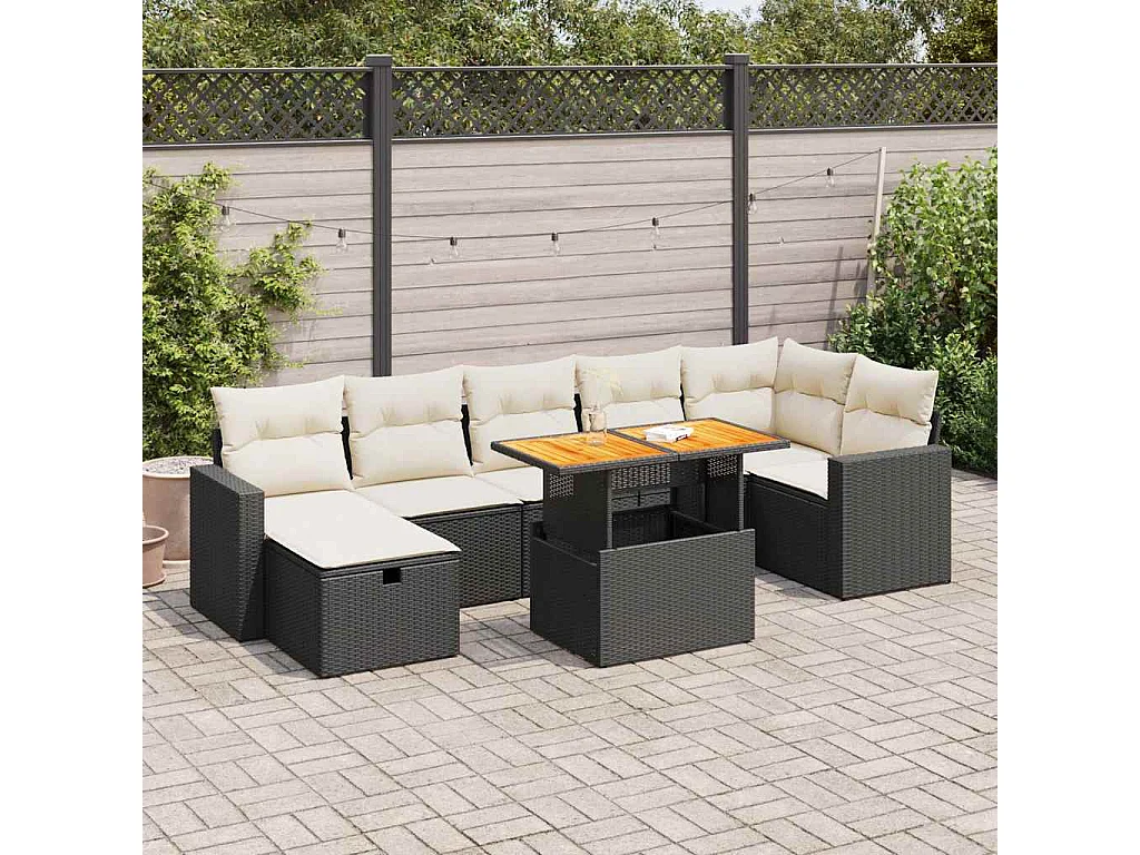 5-delige Loungeset met kussens poly rattan acacia zwart