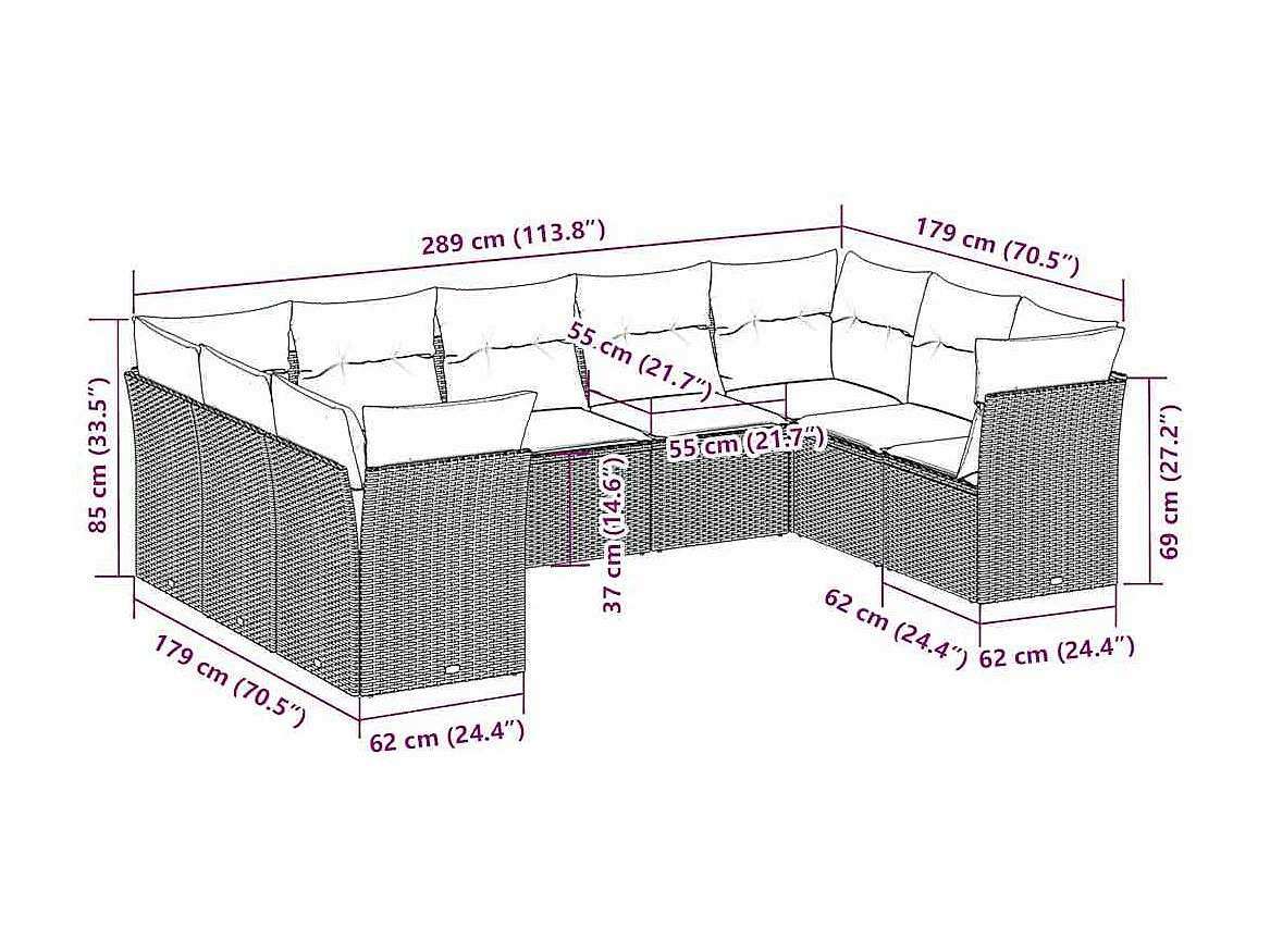 Salon de jardin 9 pièces avec coussins gris clair résine tressée