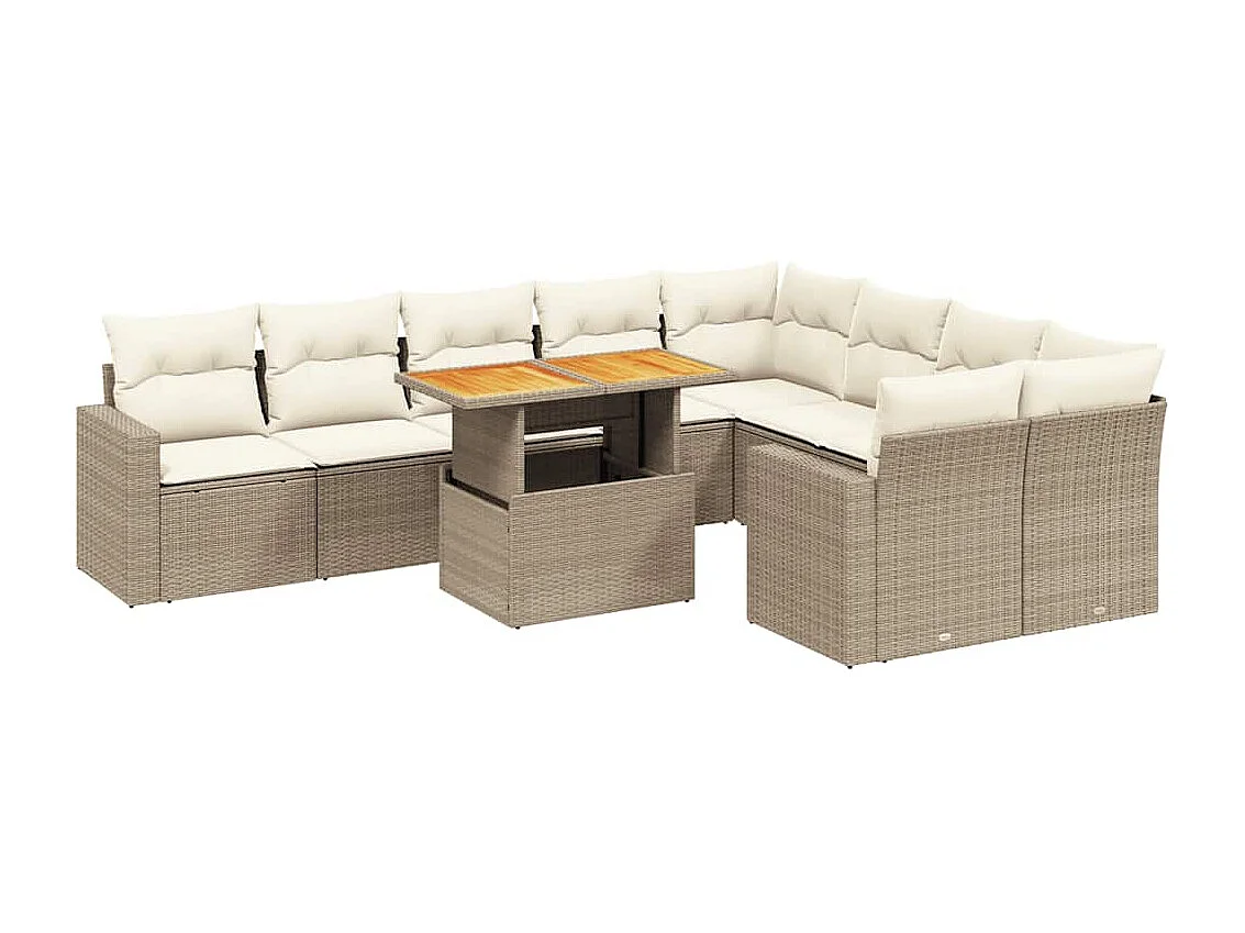 10-delige Loungeset met kussens poly rattan beige