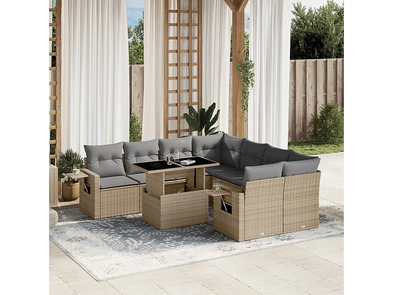 9 peças conjunto de sofás para jardim com almofadões vime PE bege