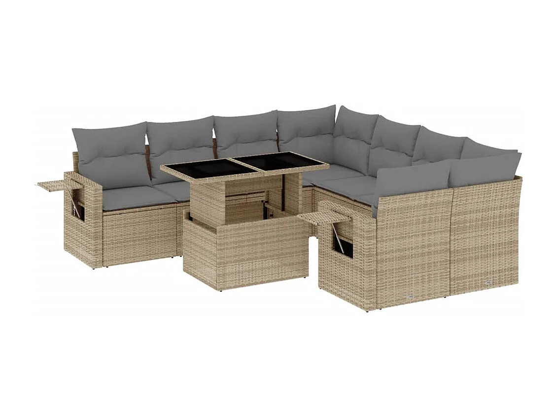 9 peças conjunto de sofás para jardim com almofadões vime PE bege