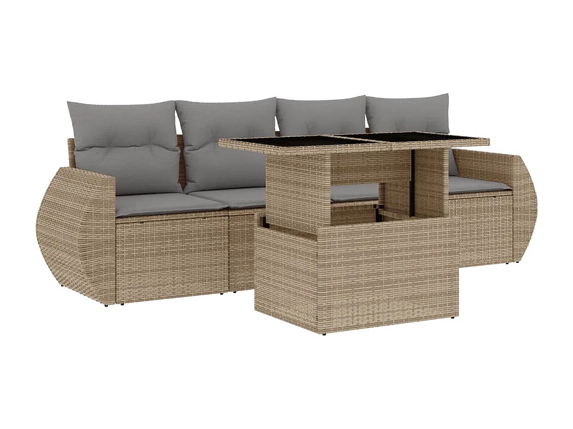 Salon de jardin avec coussins 5 pièces beige résine tressée