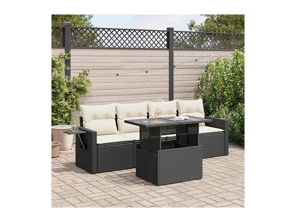Set de muebles de jardín 5 piezas y cojines ratán sintético negro