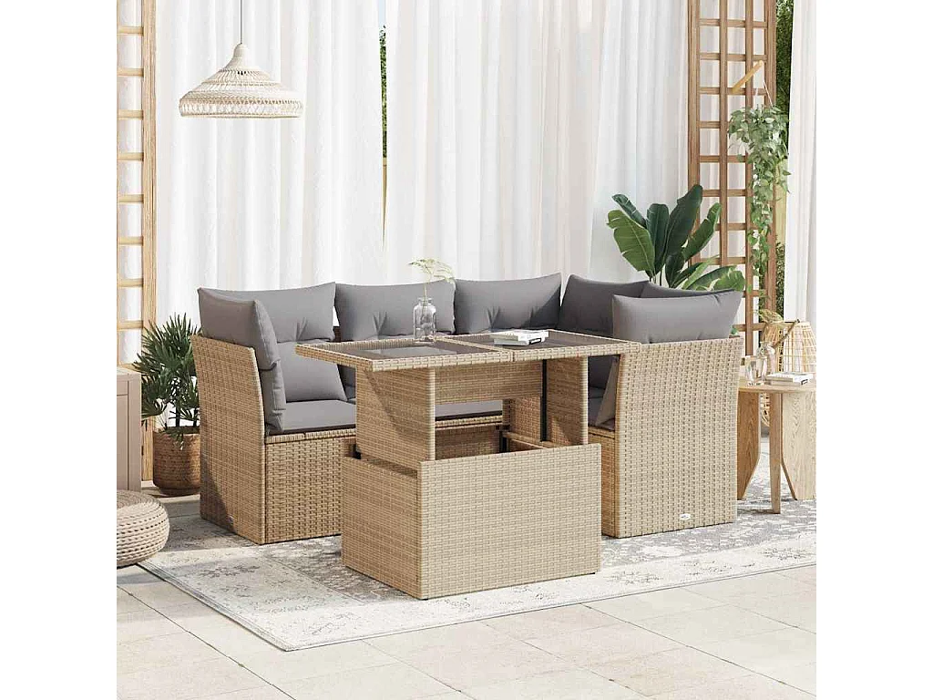 5 peças conjunto de sofás para jardim com almofadões vime PE bege