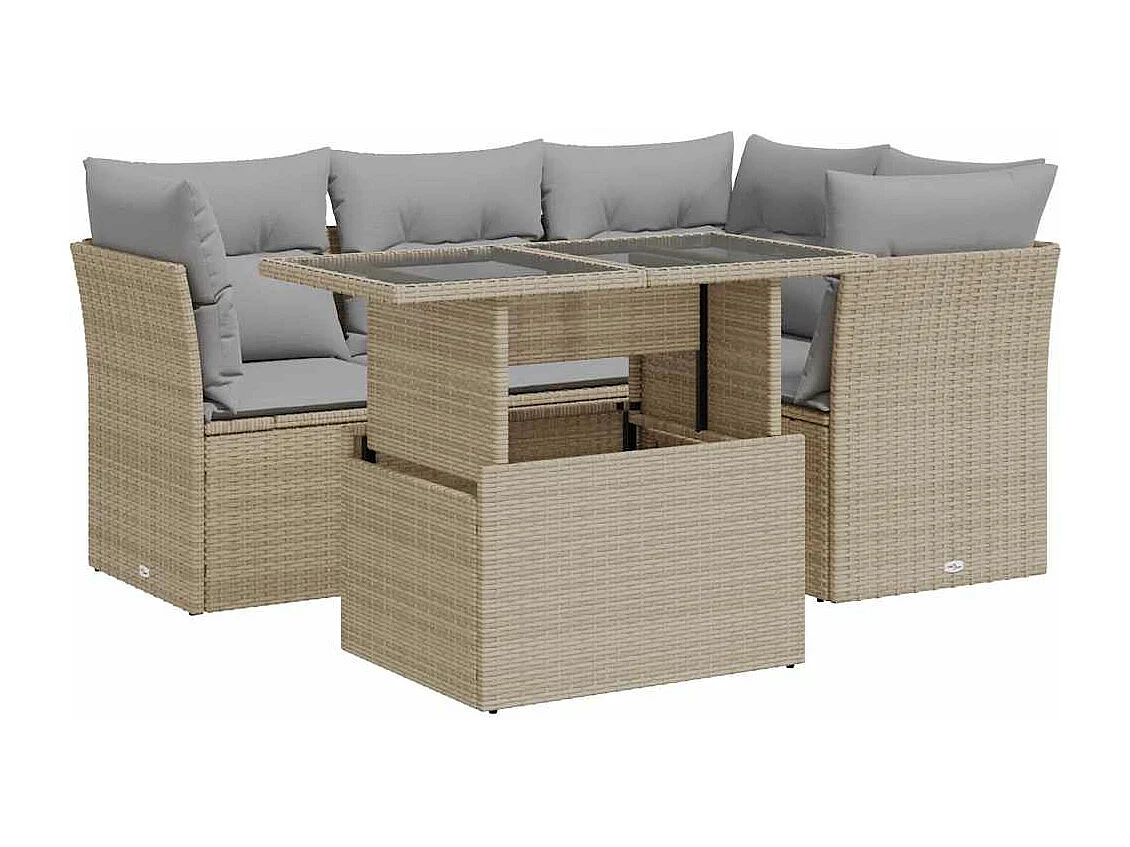 5-delige Loungeset met kussens poly rattan beige