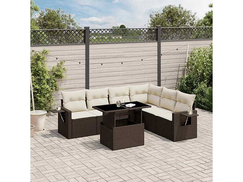 7-delige Loungeset met kussens poly rattan bruin
