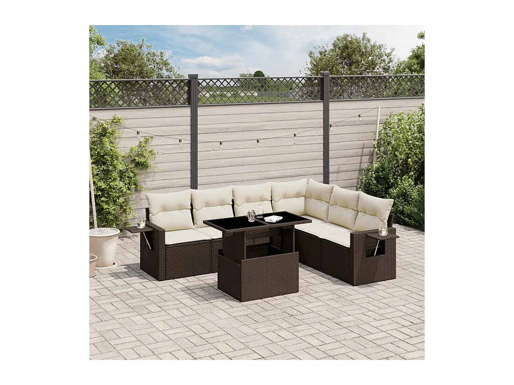 Salon de jardin avec coussins 7 pièces marron résine tressée