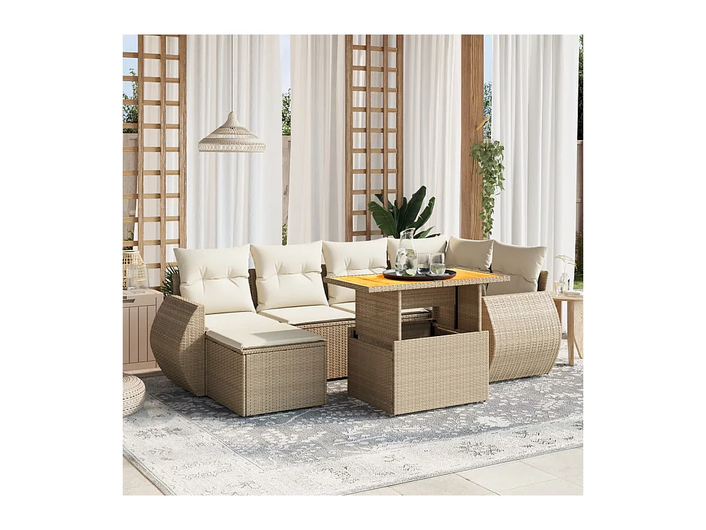 Salon de jardin avec coussins 7 pièces beige résine tressée