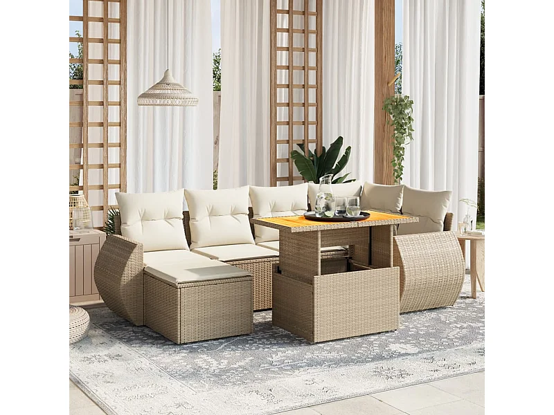 Salon de jardin avec coussins 7 pièces beige résine tressée