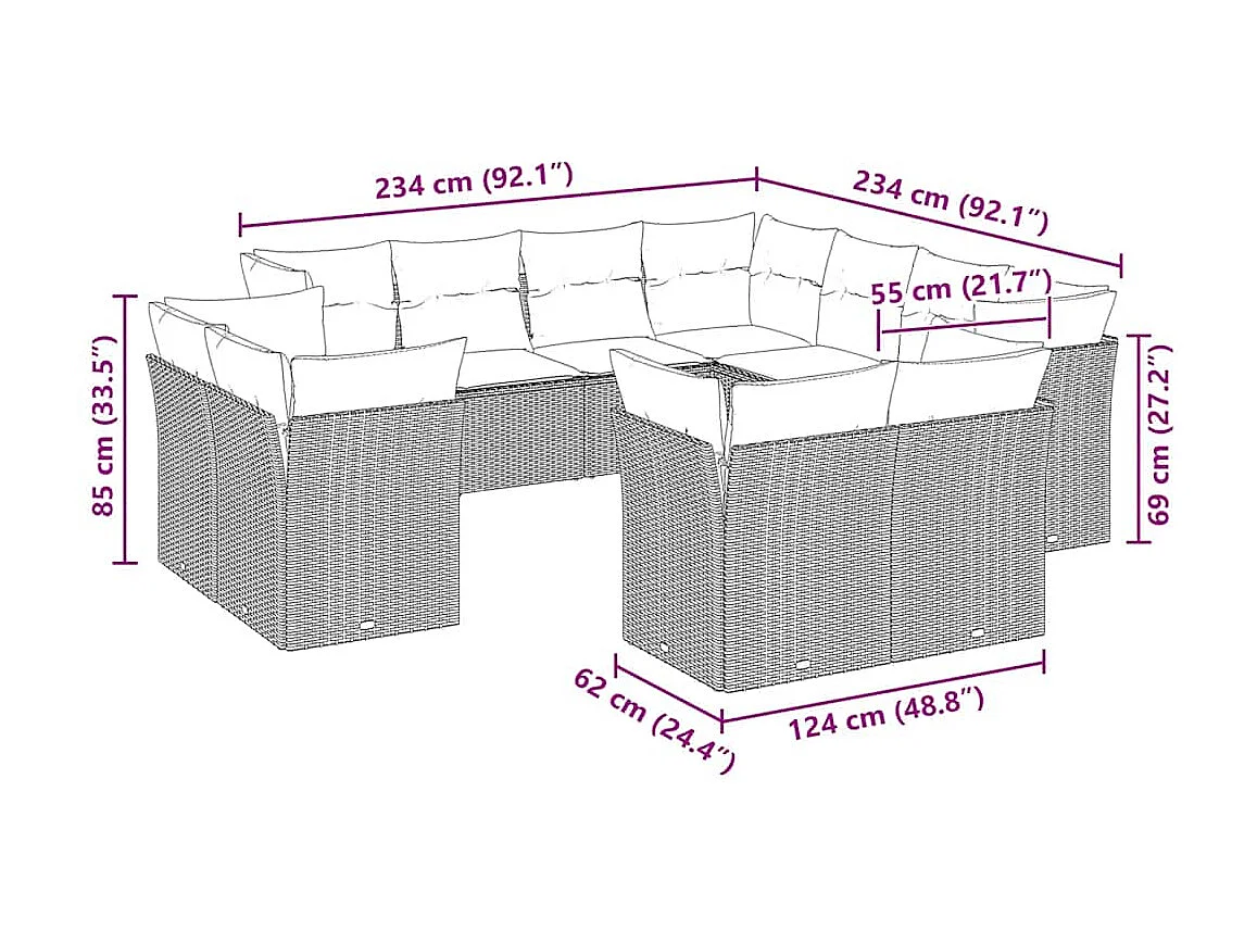 11-delige Loungeset met kussens poly rattan lichtgrijs