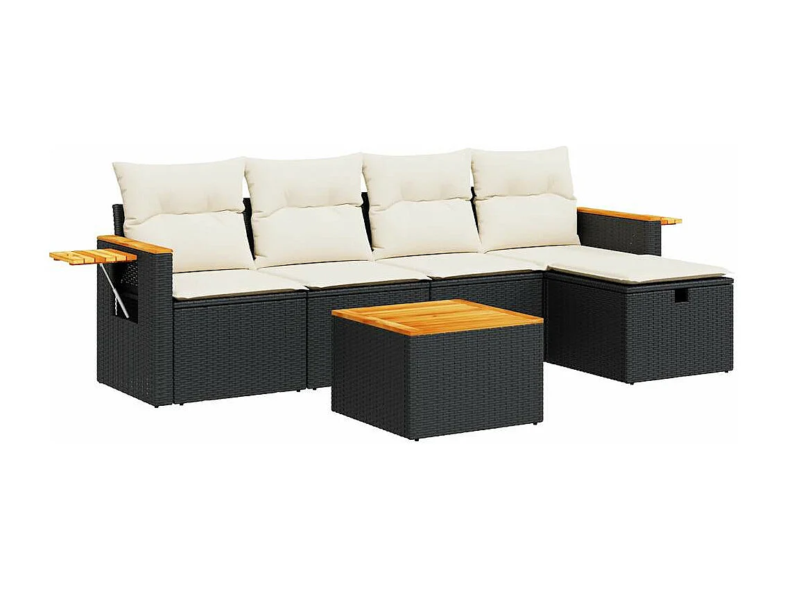 6 peças conjunto sofás de jardim com almofadões vime PE preto