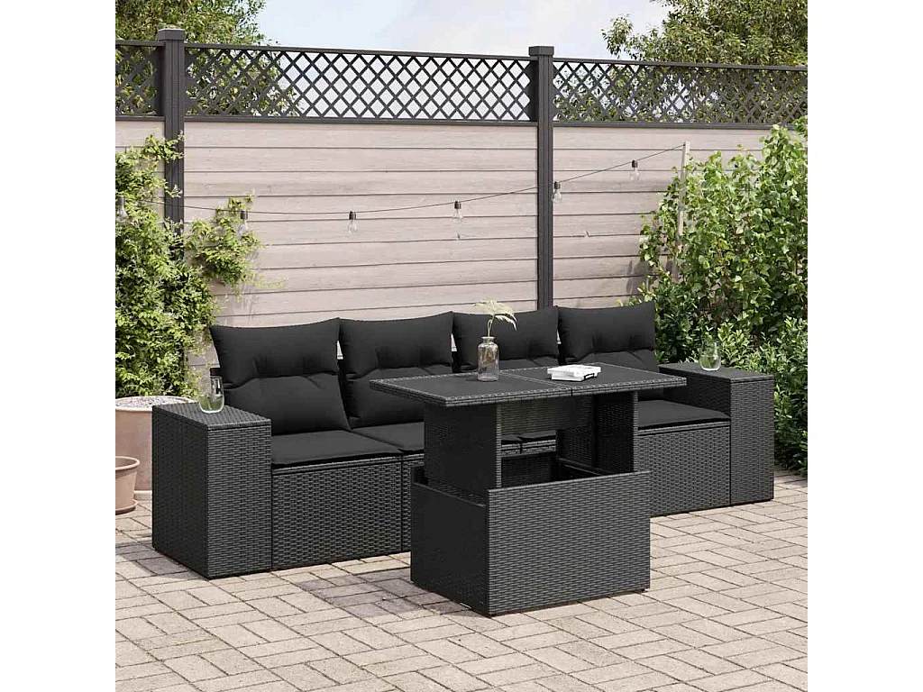 Salon de jardin 5 pièces avec coussins noir résine tressée