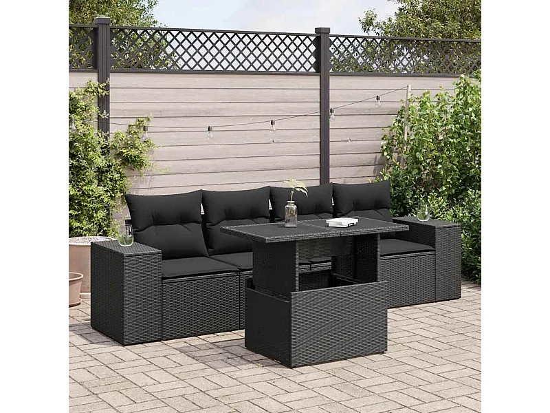 Salon de jardin 5 pièces avec coussins noir résine tressée