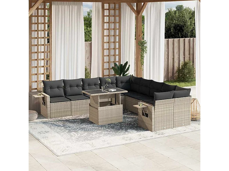 11-delige Loungeset met kussens poly rattan lichtgrijs