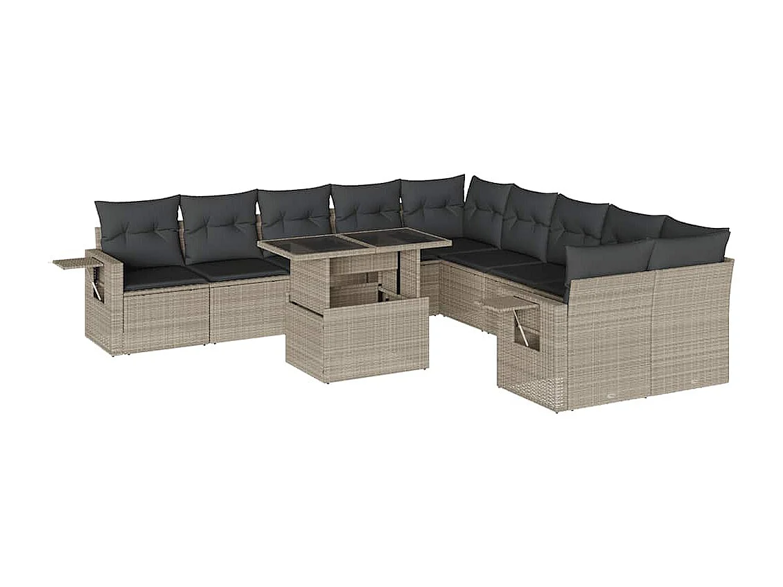 11-delige Loungeset met kussens poly rattan lichtgrijs