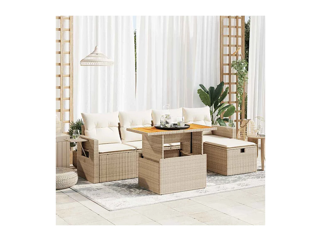 Salon de jardin 6 pièces avec coussins beige résine tressée acacia