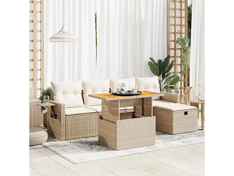 6-delige Loungeset met kussens poly rattan acacia beige