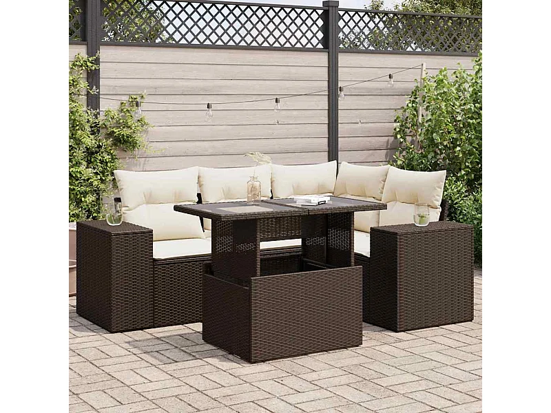 5-delige Loungeset met kussens poly rattan bruin