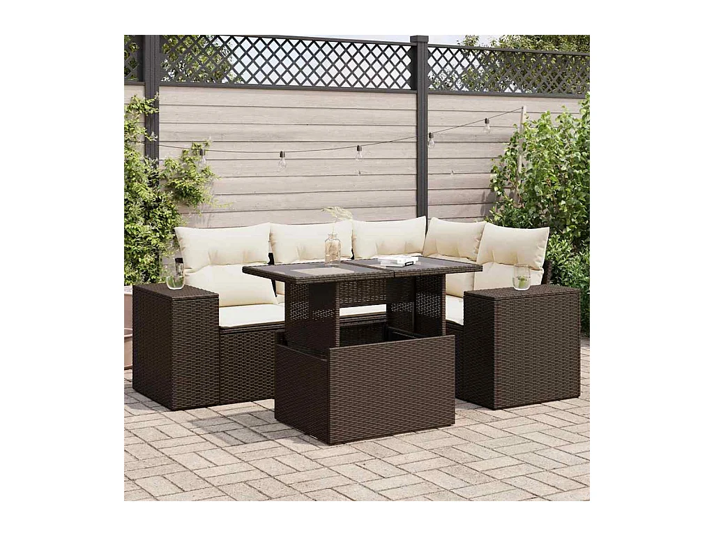 5 peças conjunto sofás para jardim com almofadões vime PE castanho