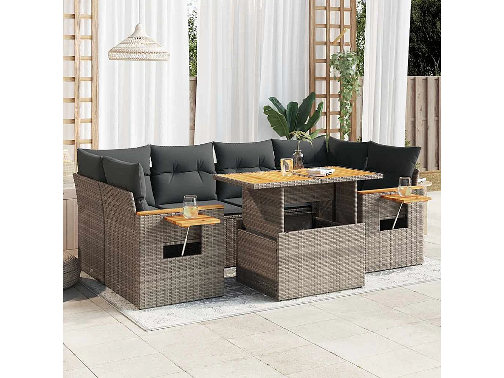 7-delige Loungeset met kussens poly rattan acacia grijs