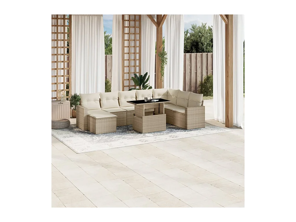 Salon de jardin avec coussins 9 pièces beige résine tressée