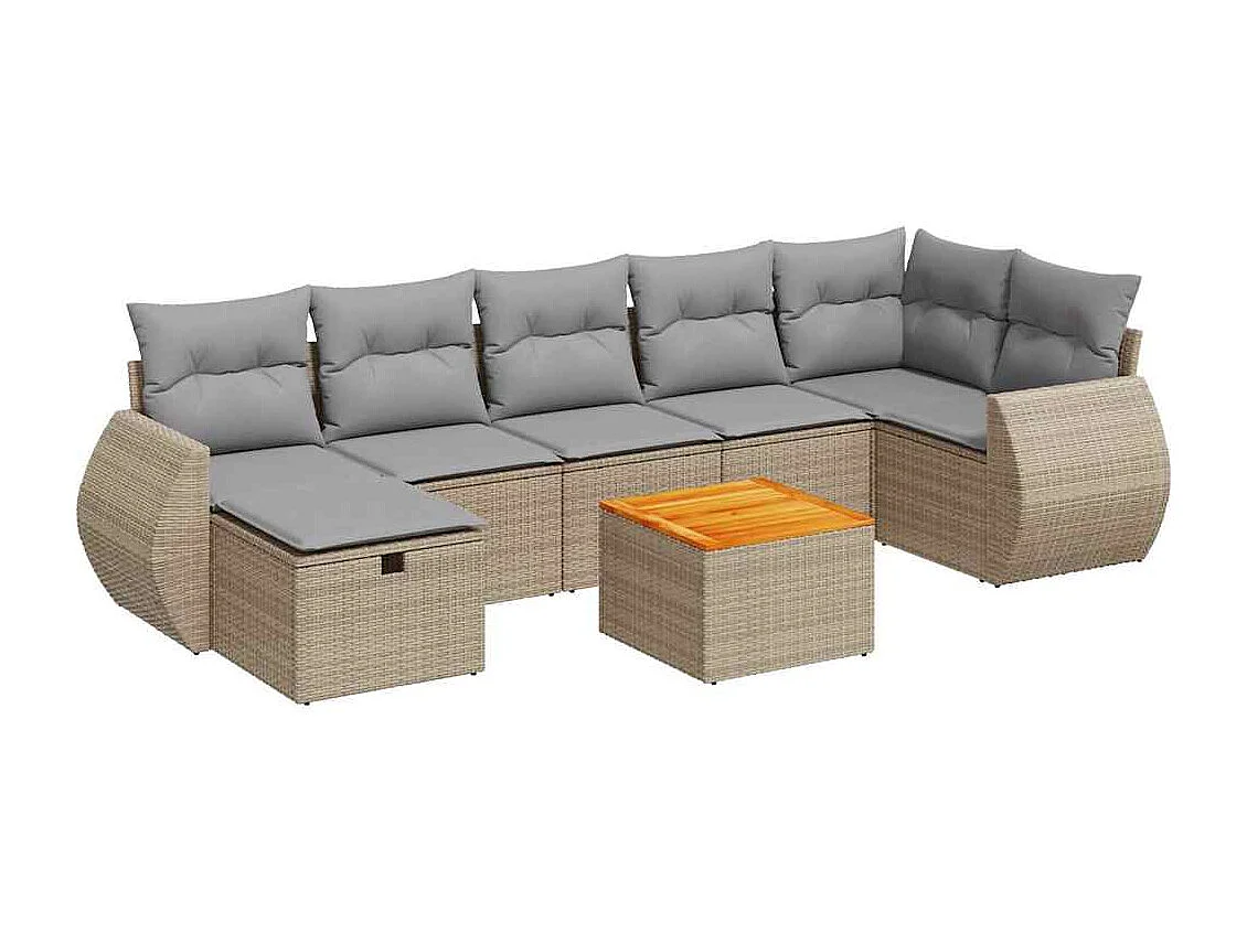8 peças conjunto de sofás para jardim com almofadões vime PE bege