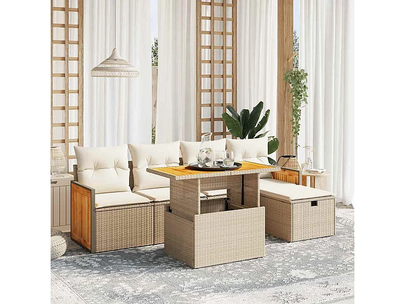 Salon de jardin avec coussins 6 pièces beige résine tressée