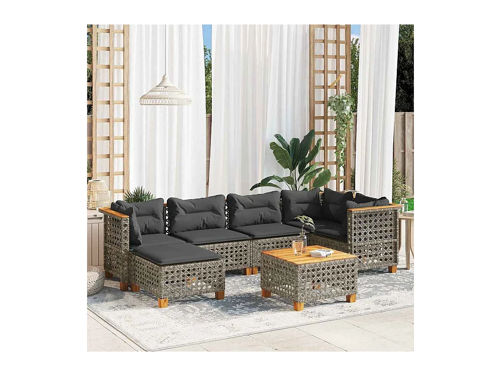 Set de sofás de jardín 7 piezas con cojines ratán sintético gris