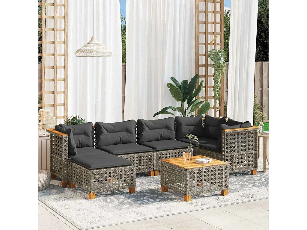 7-delige Loungeset met kussens poly rattan grijs