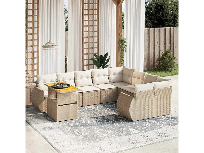 Salon de jardin avec coussins 10 pièces beige résine tressée