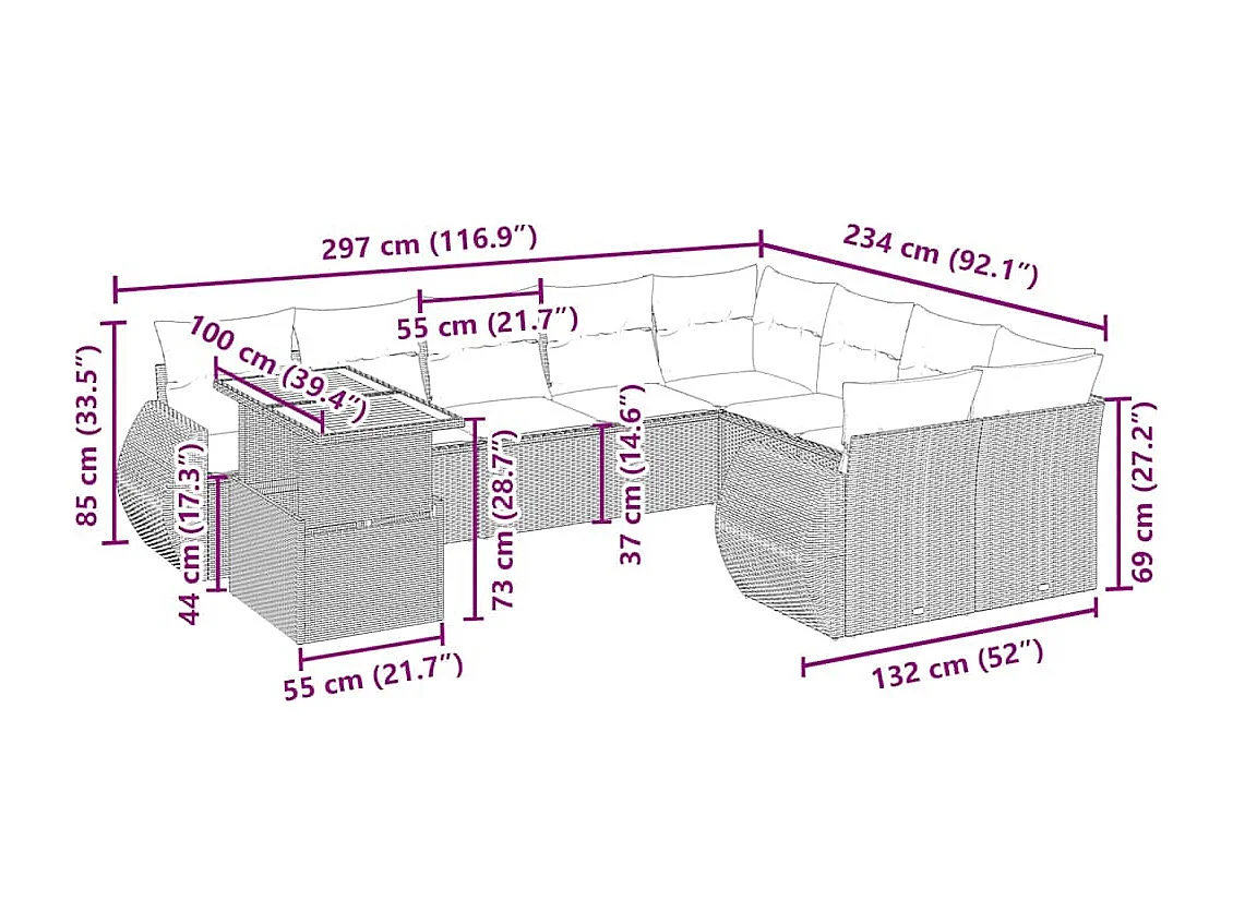 10-delige Loungeset met kussens poly rattan beige